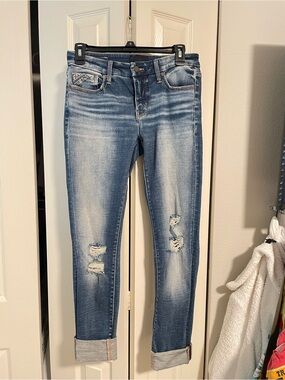 Buckle Women's Distressed Cropped Jeans - Light & Dark Blue